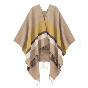 Uniqlo Women 2WAY STOLE MultiColor Block Gray Tan Olive Shawl Wrap Poncho Fringe